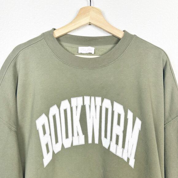Pink Lily Womens Bookworm Olive Green Graphic Crew Neck‎ Sweatshirt Size XL - Picture 2 of 10